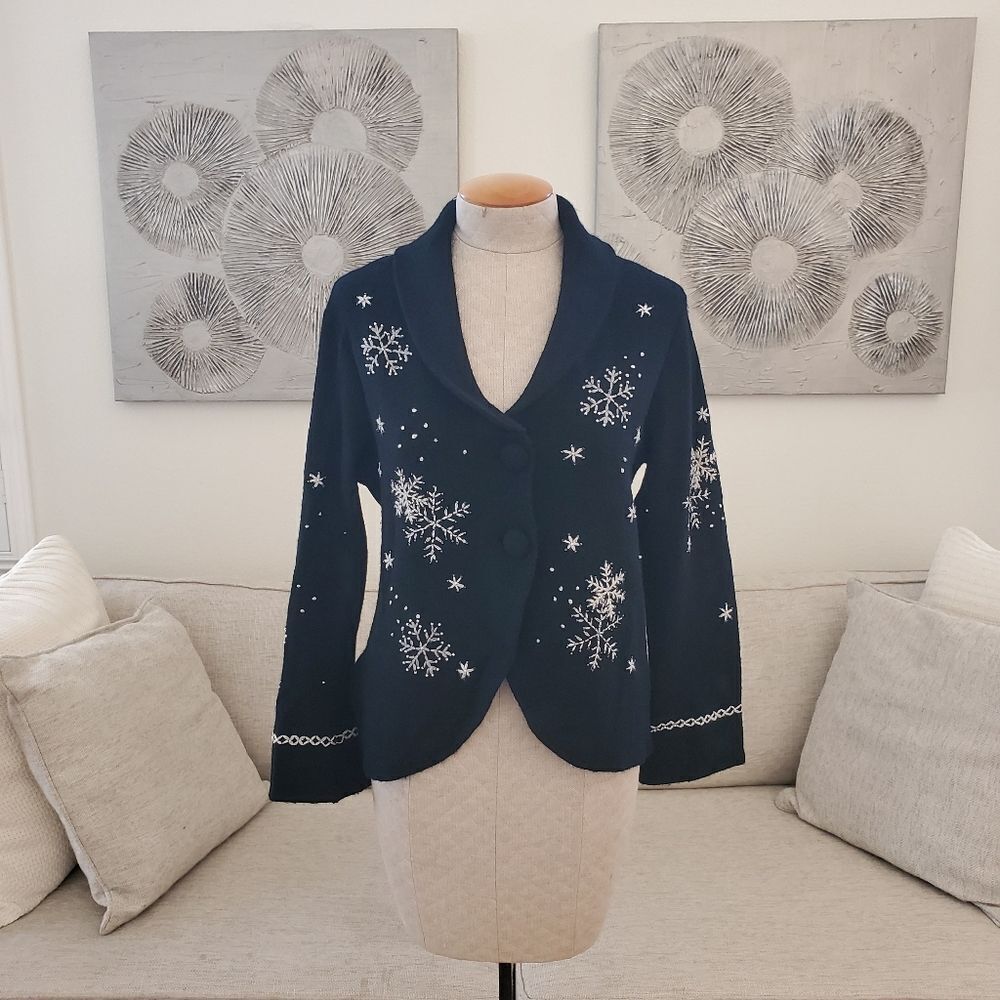 Charter Club Wool Cardigan Blazer Sweater with Snowflakes Size Medium